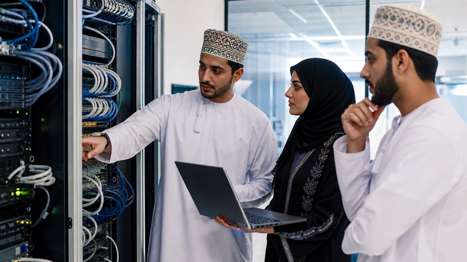 Omani IT team reviewing identity and device controls in a server room