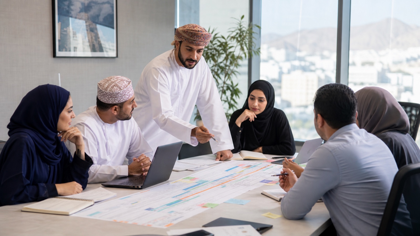 Omani project team reviewing delivery progress and project profitability